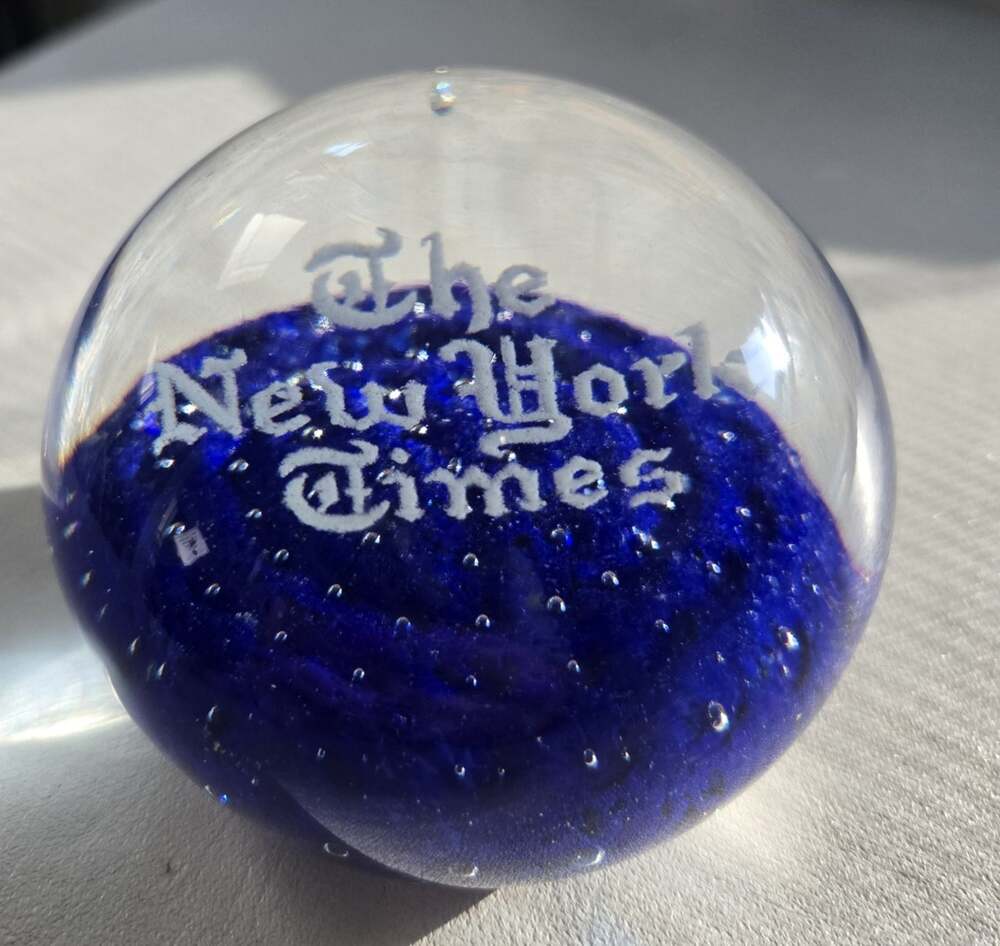 Vintage John Gentile Glass Paperweight The New York Times Cobalt Blue Ship Mark